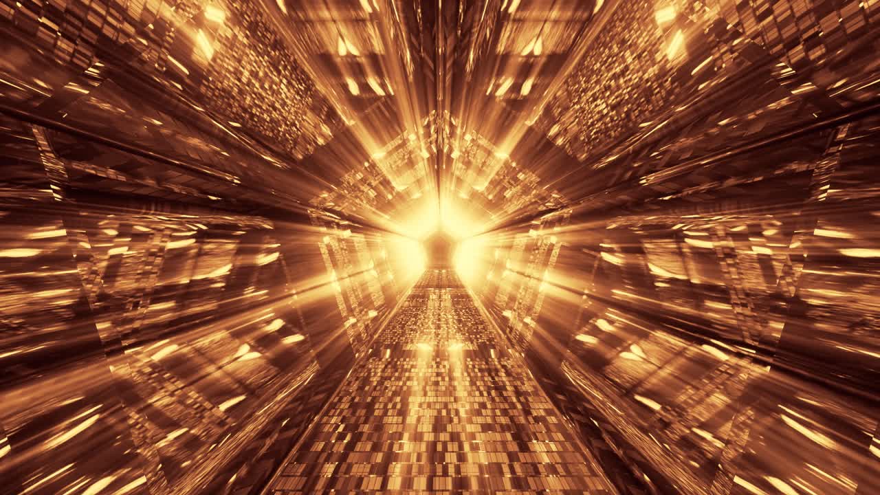 무한 터널 끝의 오각형 모양에서 터졌다가 사라지는 노란색 조명 광선