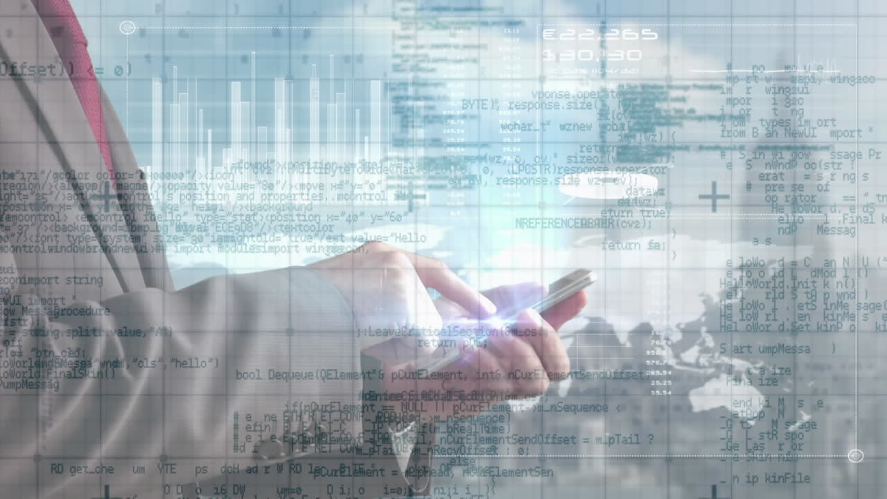 스마트 폰을 사용하는 사업가에 대한 데이터 처리 애니메이션