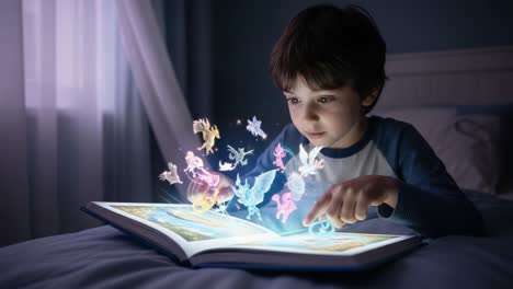 a young boy engages with a magical storybook, bringing colorful fantasies to life with imaginary creatures floating from the pages in a whimsical exploration of imagination