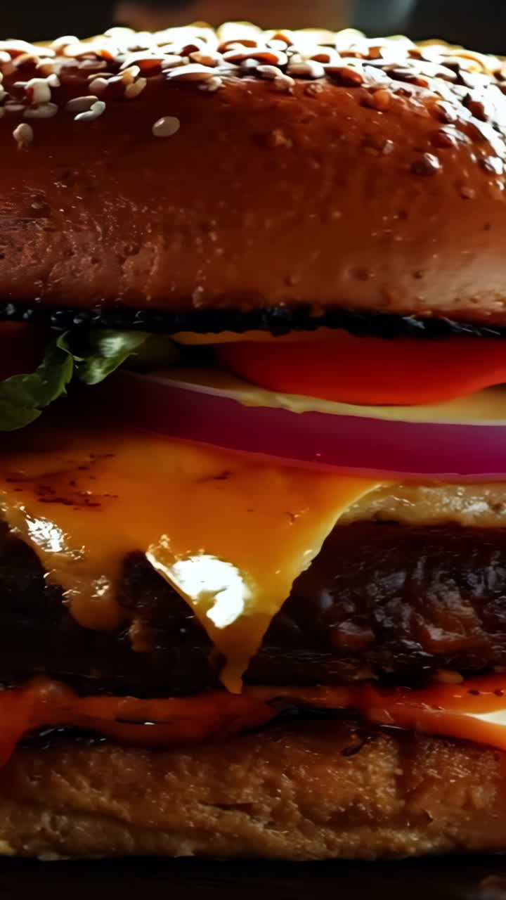 A large hamburger with cheese and onions on top. The bun is brown and the cheese is melted