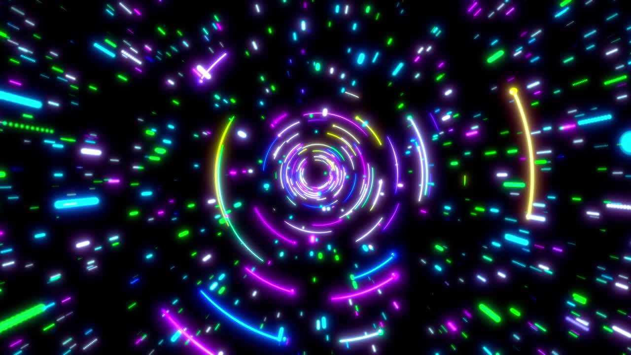 líneas de neón brillantes túnel. azul rojo rosa y violeta iluminación de colores. bucle sin costuras fondo 4k