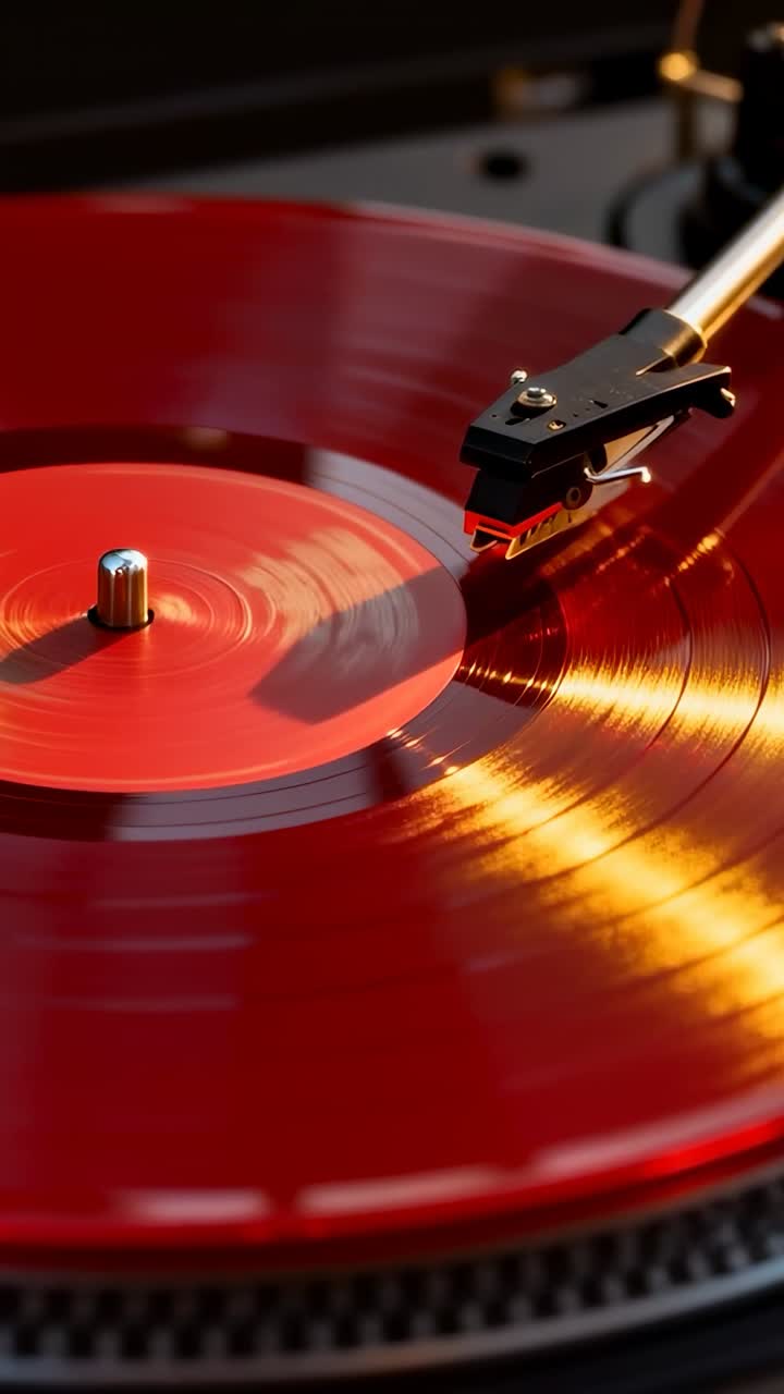 Video verticale: vinile rosso che gira, braccio che segue i solchi sul piatto, stilo che si abbassa per riprodurre la musica