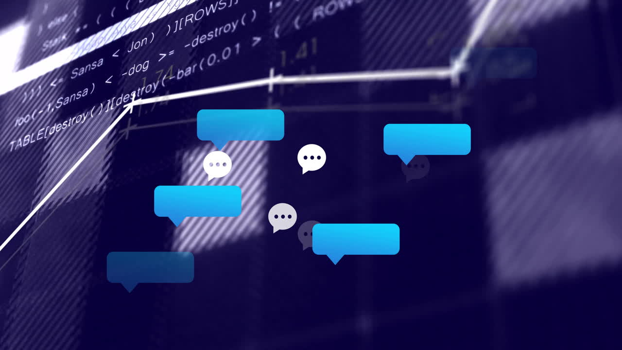 Animation of chat bubbles and code snippets on digital school interface background