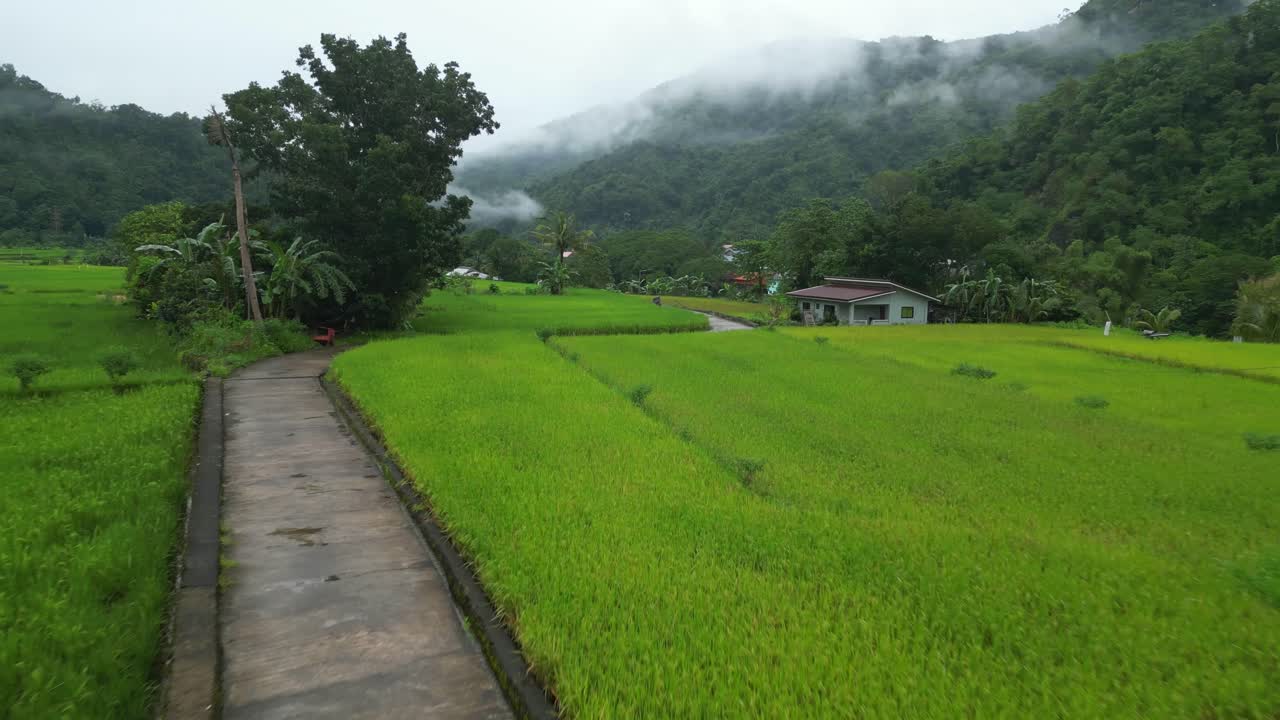 An aerial shot unfolds over a misty Philippine valley, starting with rice paddies and winding roads, gliding past riverside homes and terraced fields, ending at a forested village beneath hills