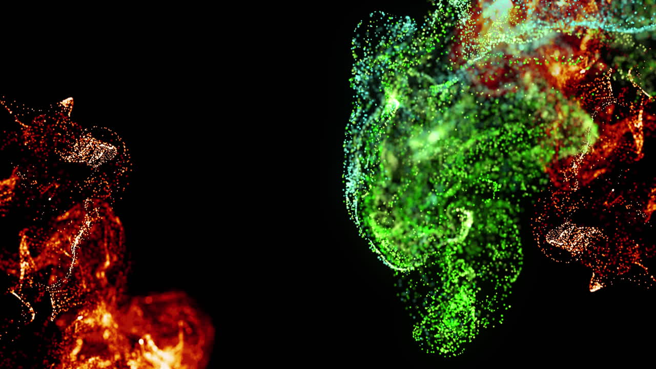 animación de nubes de partículas rojas y verdes brillantes que se mueven sobre un fondo negro