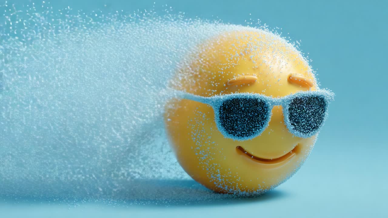 A playful emoji with sunglasses caught in motion, surrounded by a vibrant mist of particles, conveying a sense of fun and excitement while maintaining a cool aesthetic