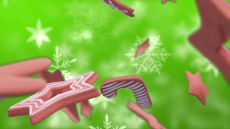 Animation-of-christmas-gingerbread-cookies-over-snowflakes-falling-on-green-background