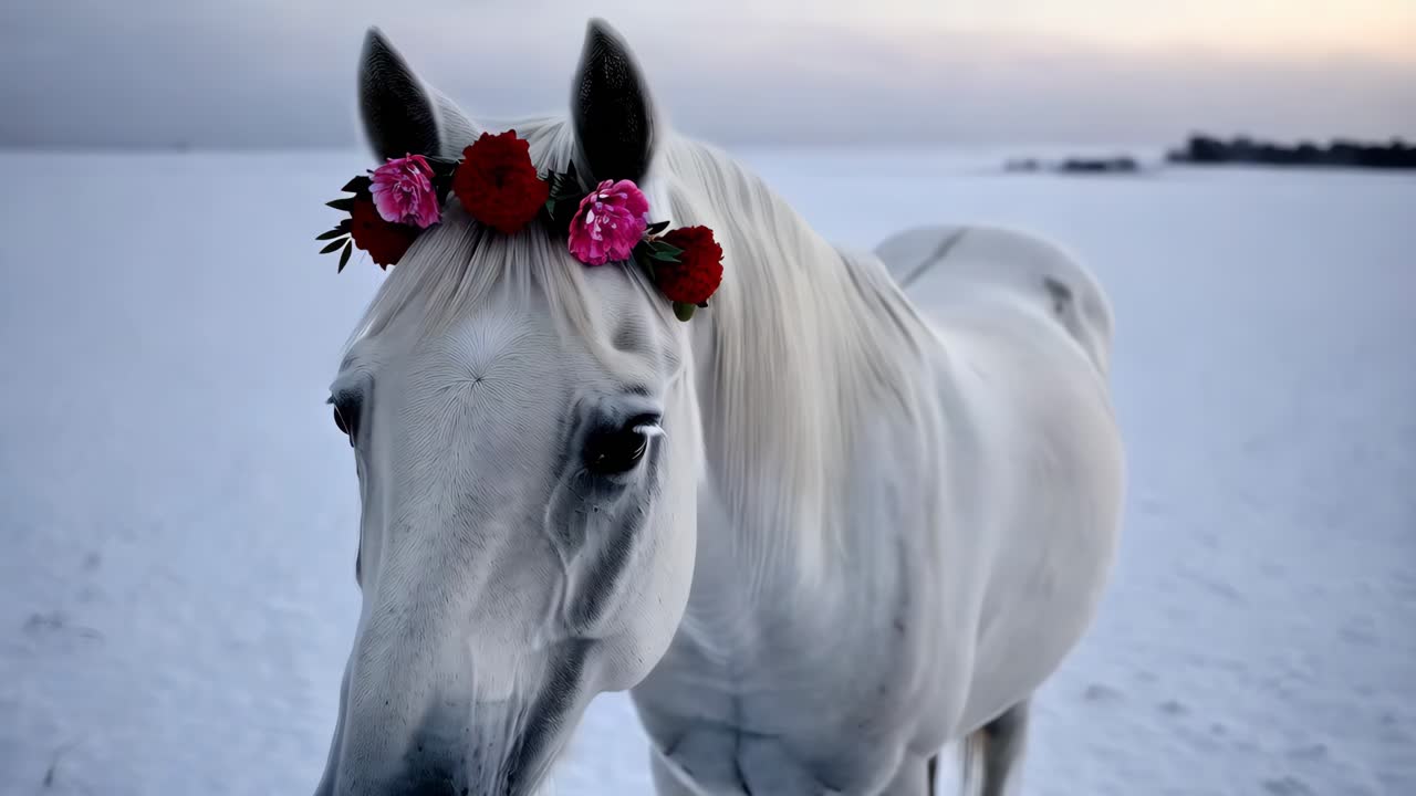 caballo blanco con corona floral en un campo nevado