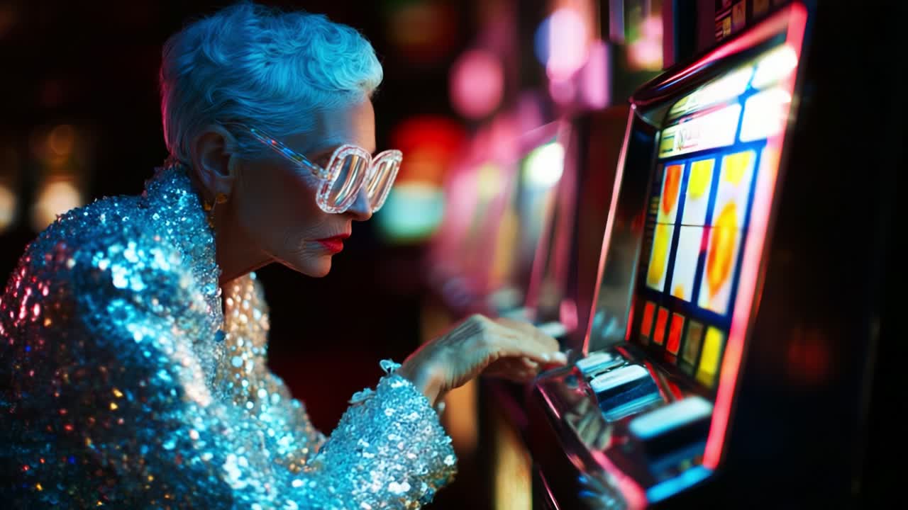 An Elegant Woman in Sparkling Attire Focuses on a Vibrant Slot Machine, Captured in Two Frames of Casino Excitement Showcasing Colorful Lights and Engaging Gameplay