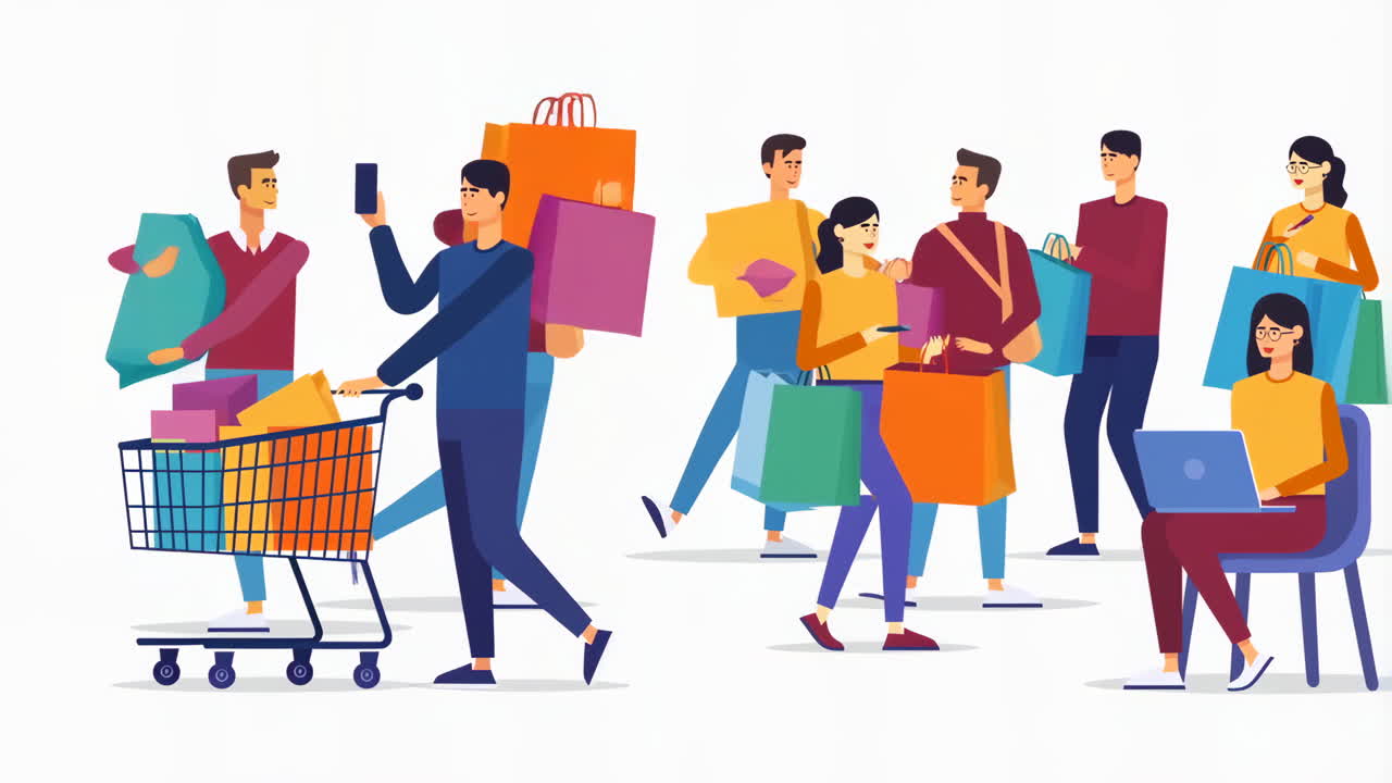 People shopping with various bags and a shopping cart