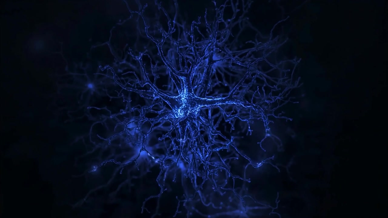 Advancing frames causing blue network thickening filaments and pulsing with nodal glows in void