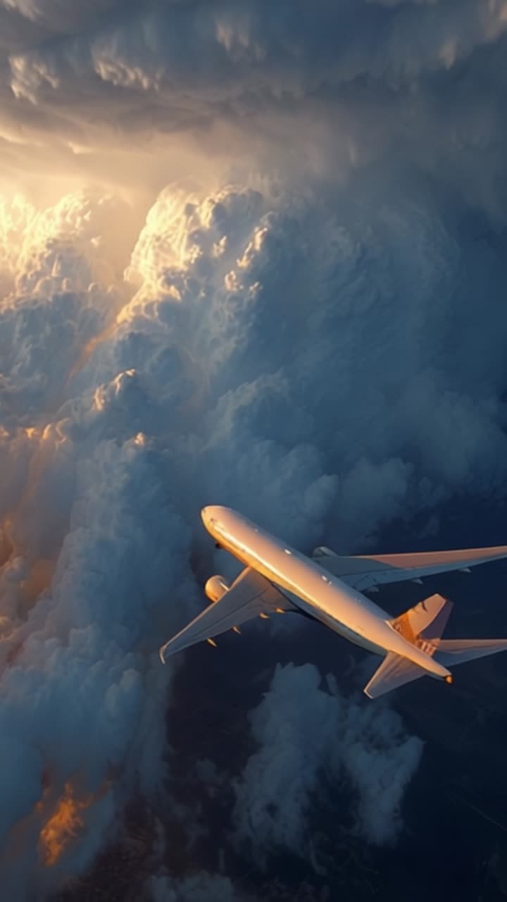 Vista aerea di un aereo circondato da nuvole drammatiche durante l'ora d'oro, catturando la serenità e la bellezza del volo nell'atmosfera vibrante del cielo.