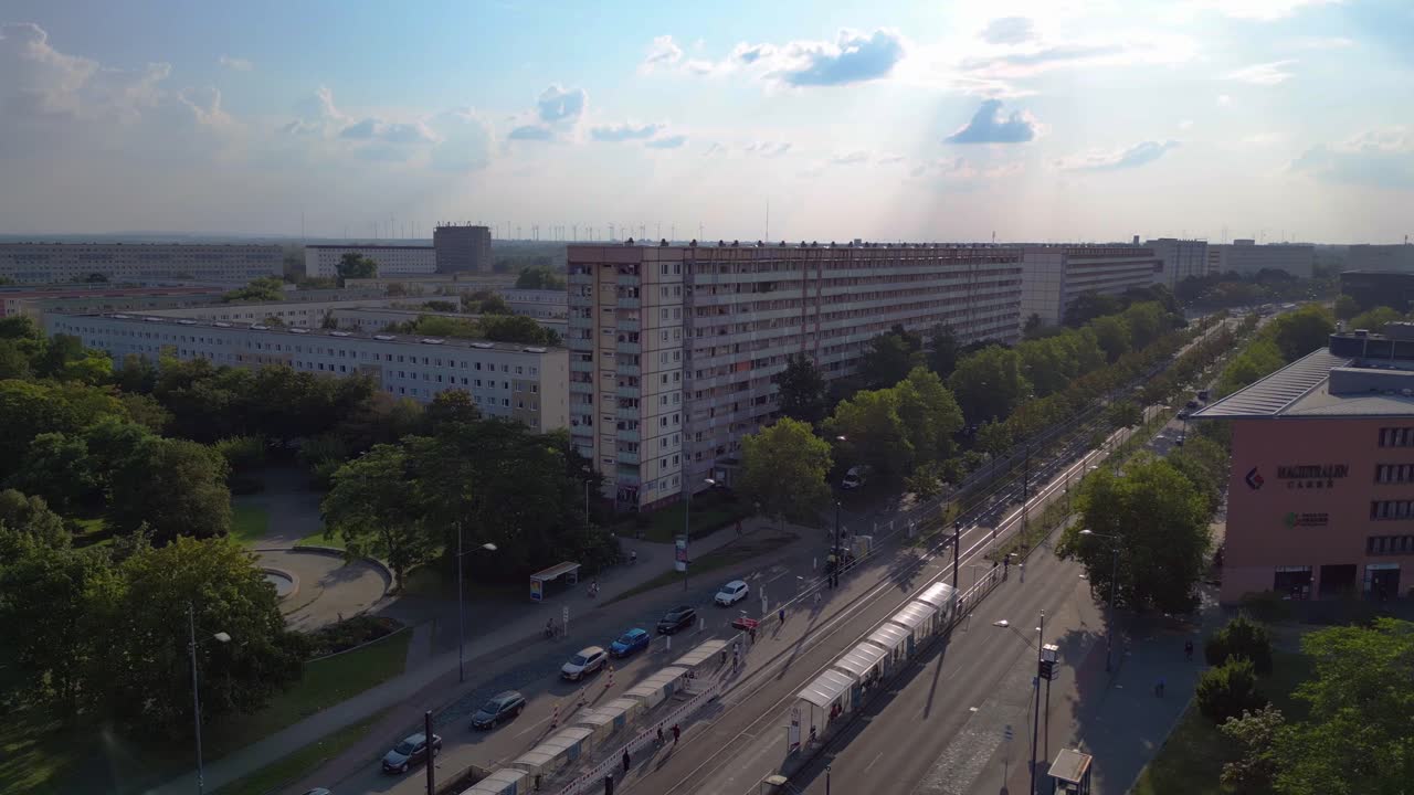 Aerial View of a City with Apartment Buildings and a Tram
