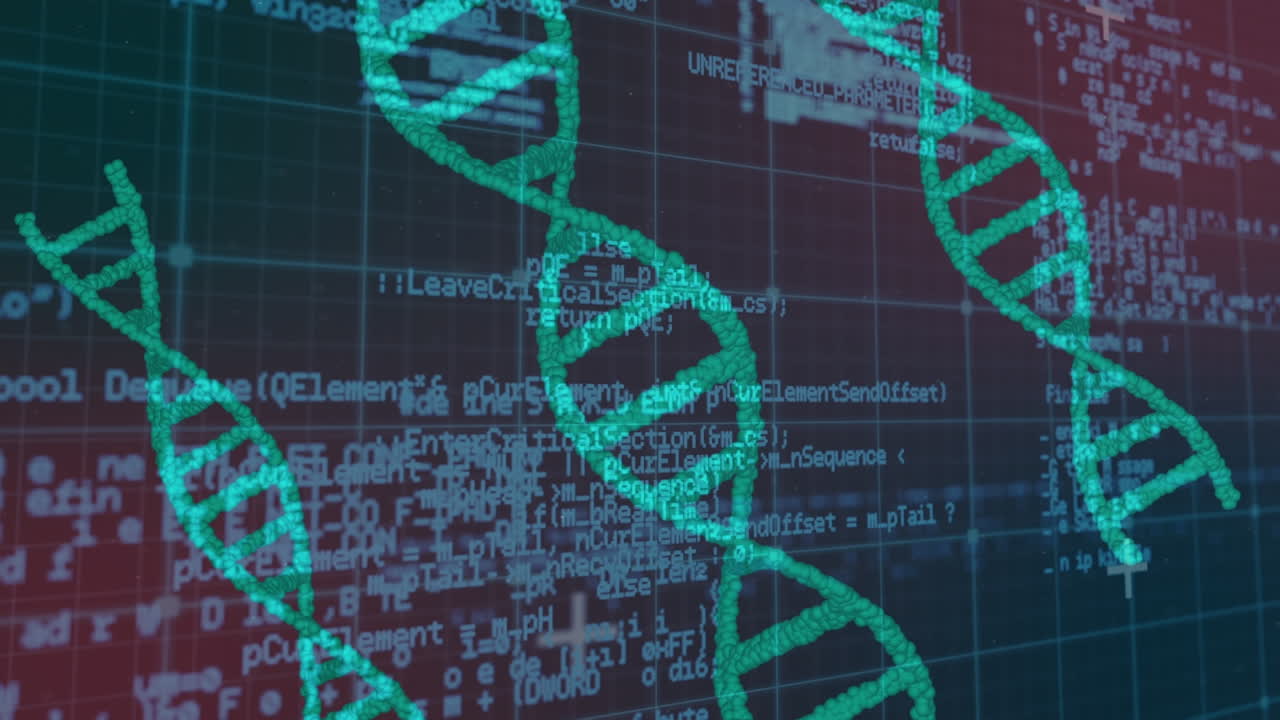 tres estructuras de adn girando y procesamiento de datos sobre la red de rejilla contra el fondo de gradiente