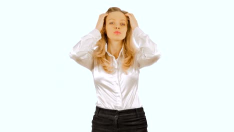 4k. business woman getting her hair before the mirror. isolated on a white background. chromakey.