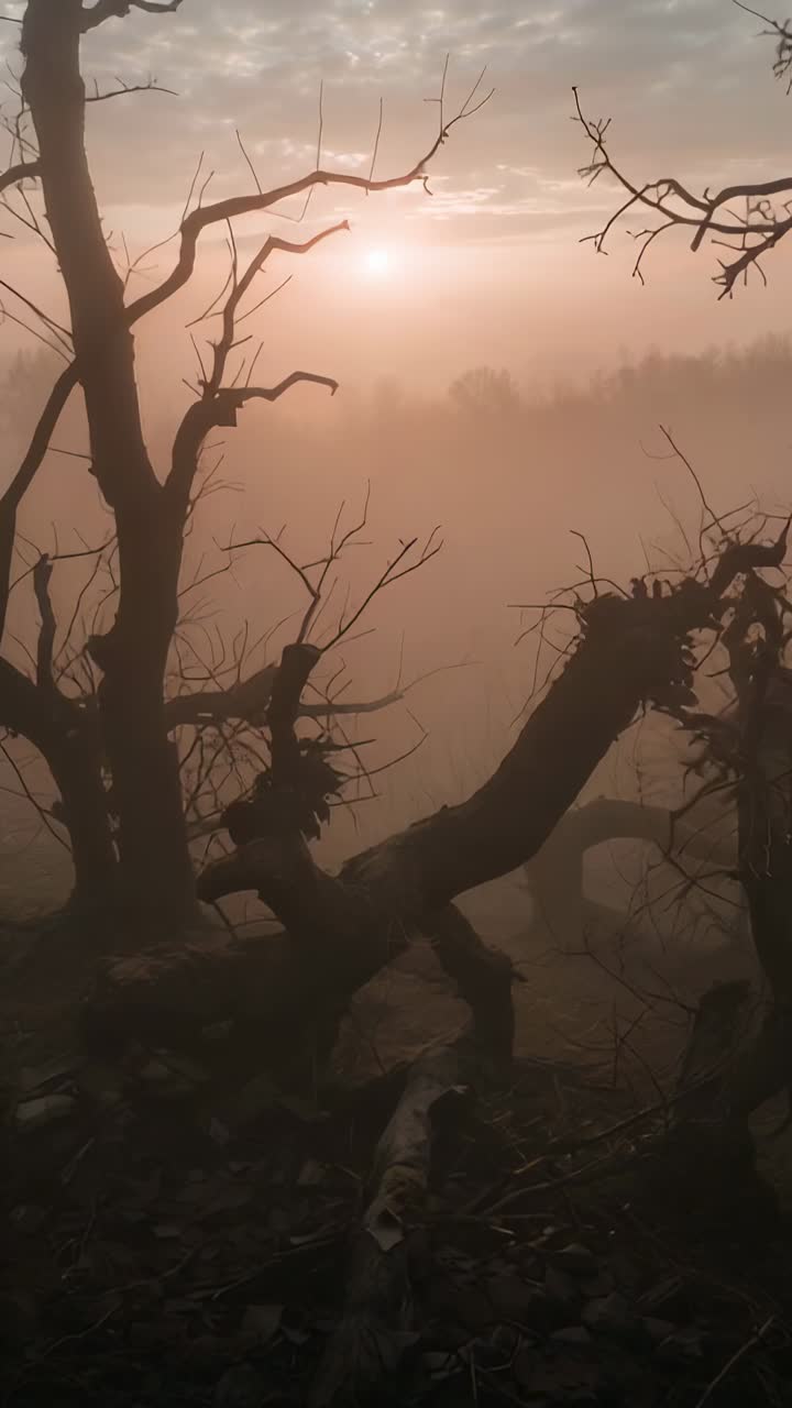 Vertical video: Low sun rising revealing gnarled twisted tree on misty hillside with swirling mist