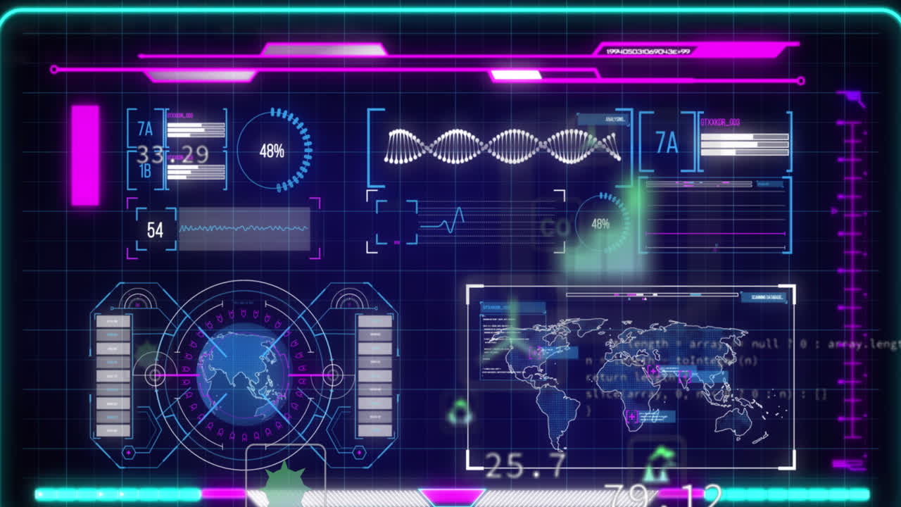 파란색 배경에 대한 데이터 처리와 인터페이스를 통해 디지털 아이콘의 애니메이션