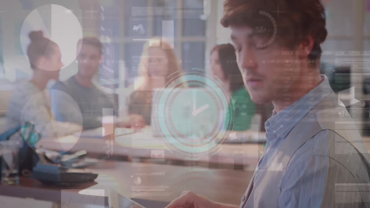 animación del reloj, estadísticas y procesamiento de datos sobre el empresario en la reunión