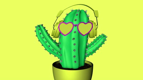 animación en 3d de cactus de lujo en fondo pastel. baile en bucle de caktus funky con auriculares y gafas de sol. concepto de arte pop minimalista.