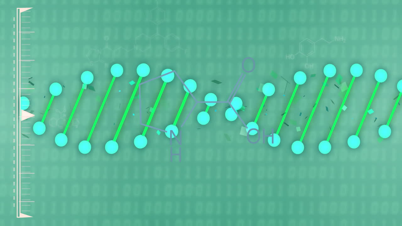 이진 코딩으로 녹색 배경에 dna 줄무와 화학 공식