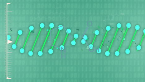 dna strand and chemical formulas over green background with binary coding