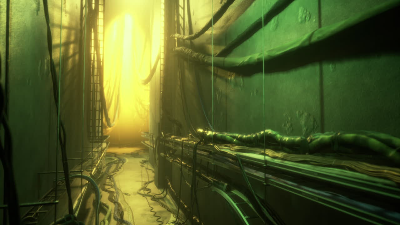 corredor futurista con luces brillantes y cables en un entorno de ciencia ficción