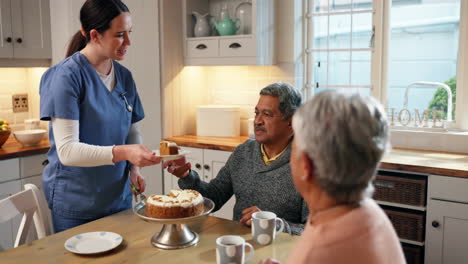 nurse, senior couple and cake in retirement