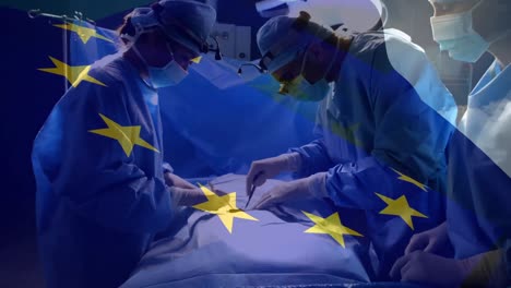 animation of flag of european union over caucasian female and male surgeons during operation