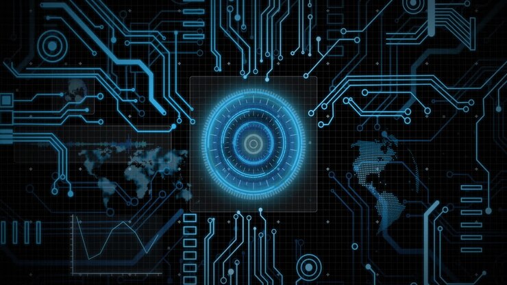 Animazione futuristica di un circuito stampato digitale e di una mappa del mondo con un centro blu luminoso.