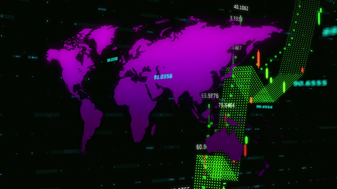 animación del procesamiento de datos financieros sobre el mapa del mundo
