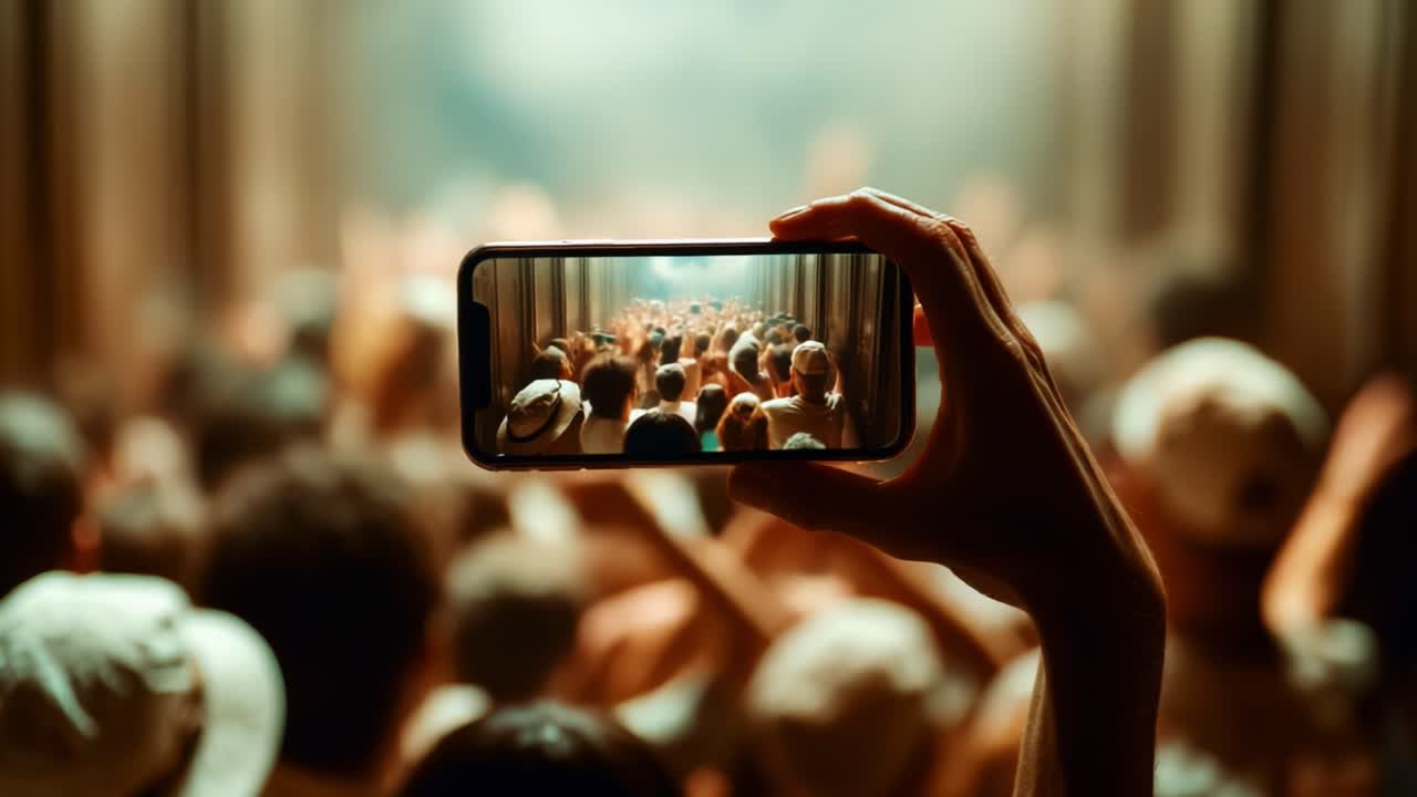 Capturing the Moment: A Hand-held Smartphone Records a Vibrant Crowd at a Lively Event, Highlighting the Excitement of Live Performances and Collective Enjoyment
