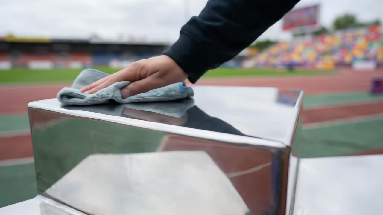 Hand Cleaning a Shiny Metallic Podium at a Sports Stadium