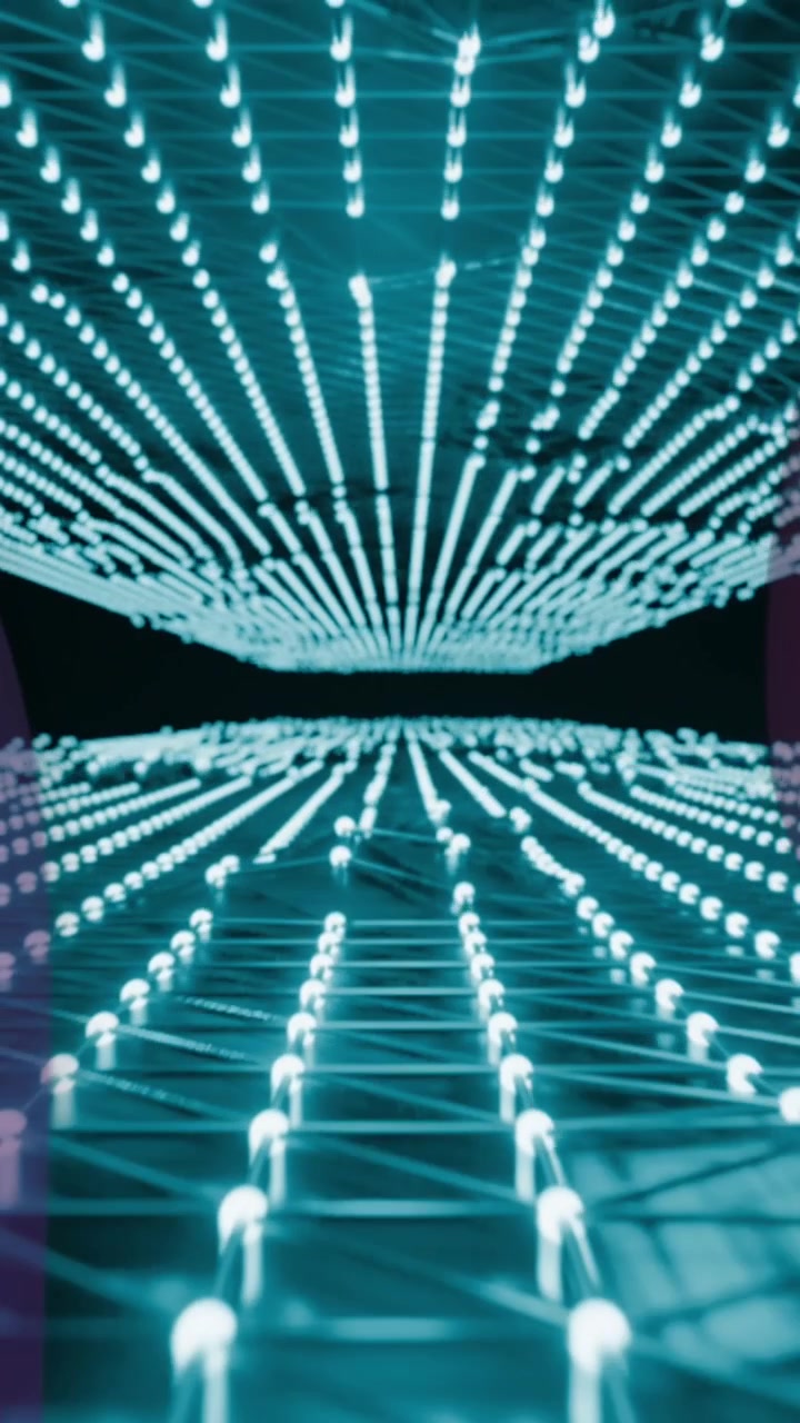 Purple and red abstract shapes over network of glowing lights on black