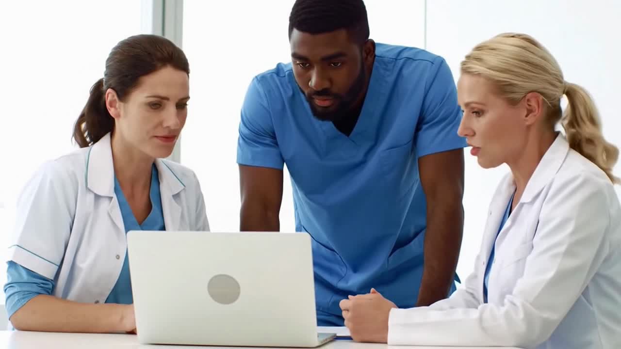 Diverse Medical Team of Doctors and Nurses Collaborating Around a Laptop Computer