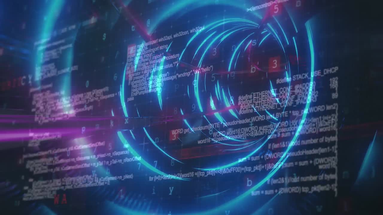 데이터 처리의 애니메이션과 빛으로 만든 터널 위의 와이러스 경고