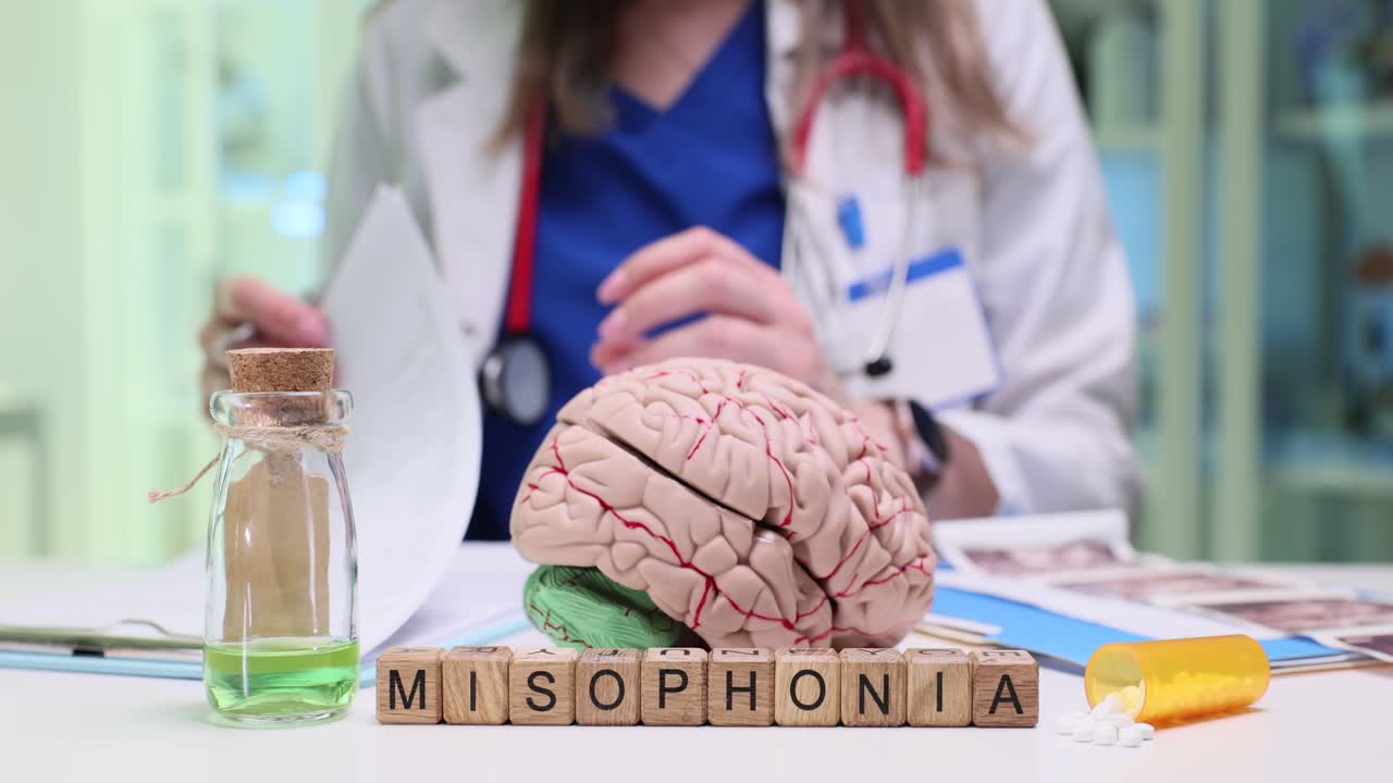 Medical setup illustrating Misophonia with a brain model and medicine