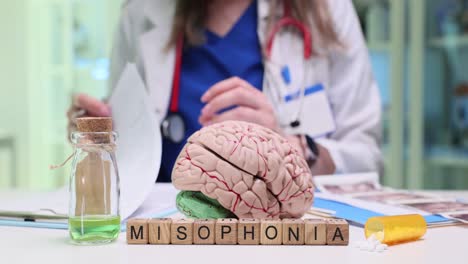 medical setup illustrating misophonia with a brain model and medicine
