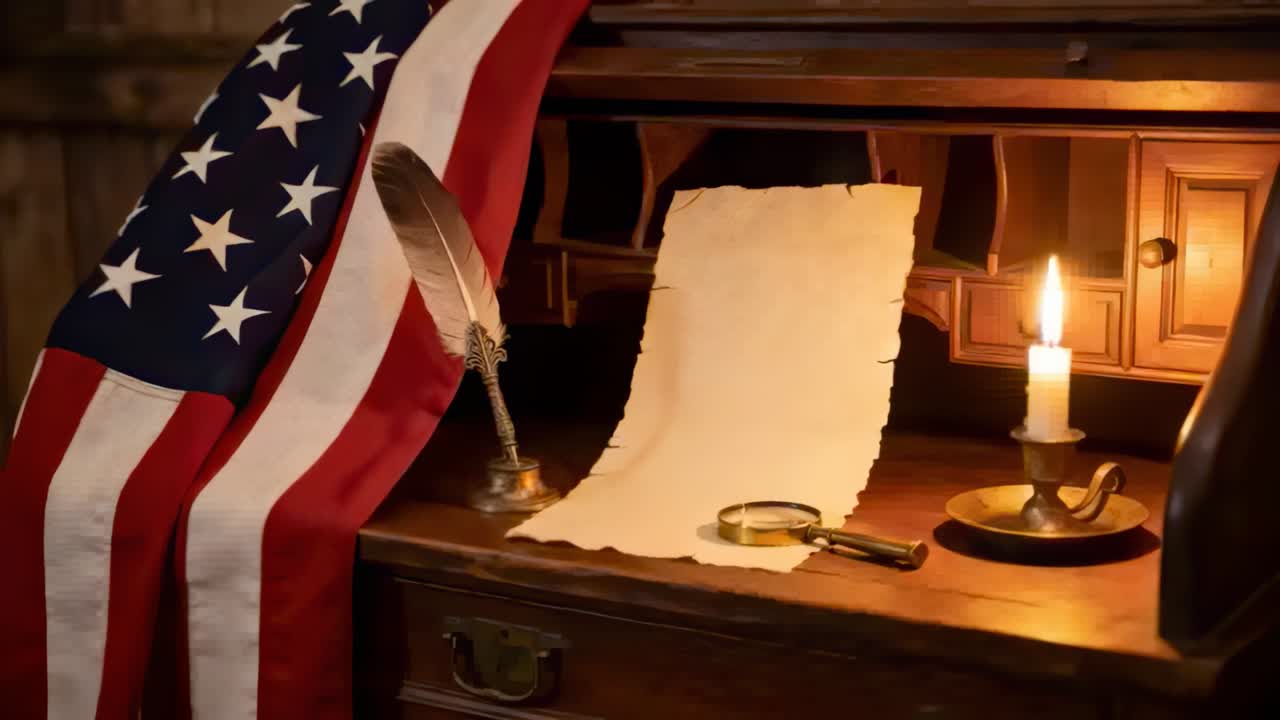 Flickering candle flame casting warm light on antique desk in study, with parchment quill lens flag
