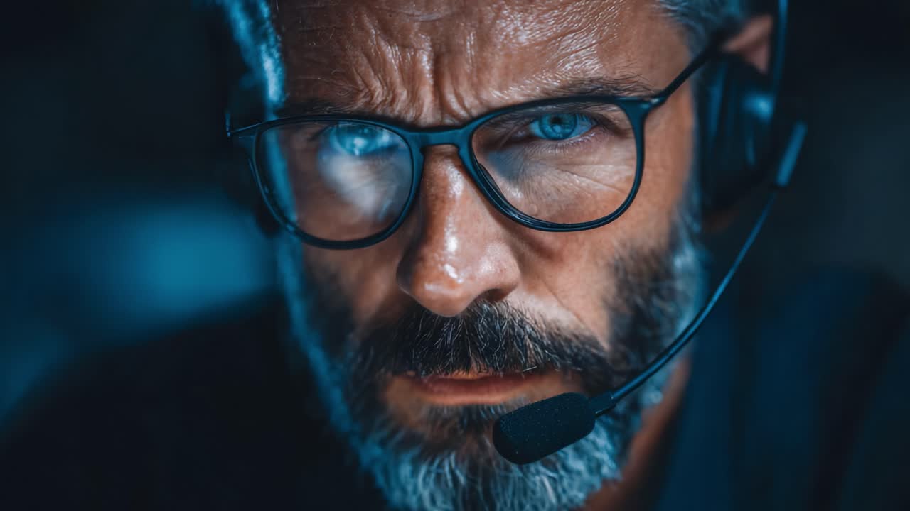 Intense Focus: A Close-Up on a Professional Individual with Glasses and a Headset, Exuding Determination and Concentration While Engaged in a Critical Task