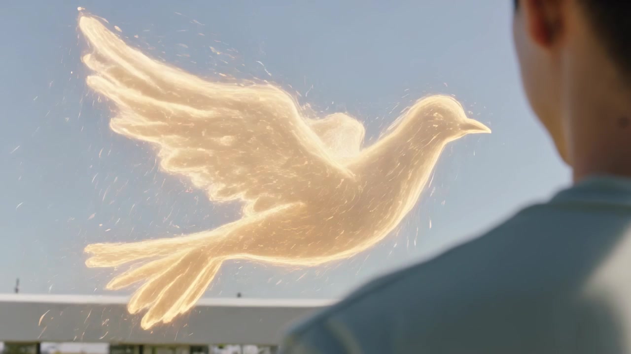 手すりの上空に鳩の形をした粒子の塊が金色に輝きながら形成され、水色のTシャツを着たティーンエイジャーが見入っている。