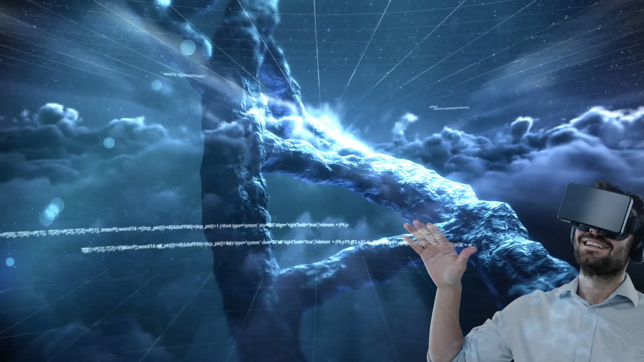 estructura de adn girando y procesamiento de datos sobre hombre caucásico usando auriculares vr contra nubes oscuras
