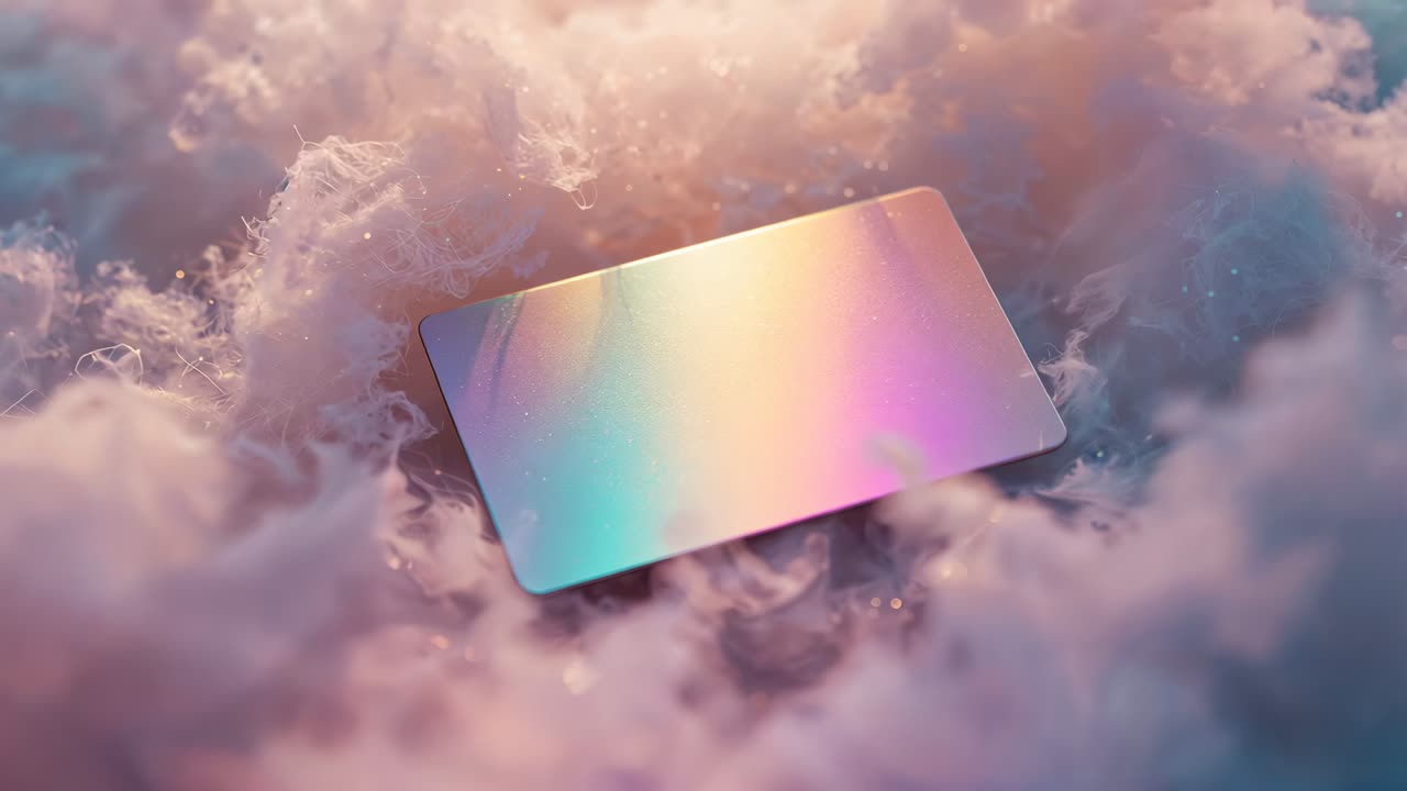 Floating iridescent rectangle responding to smoke shift, rotating to center in studio with sparkles