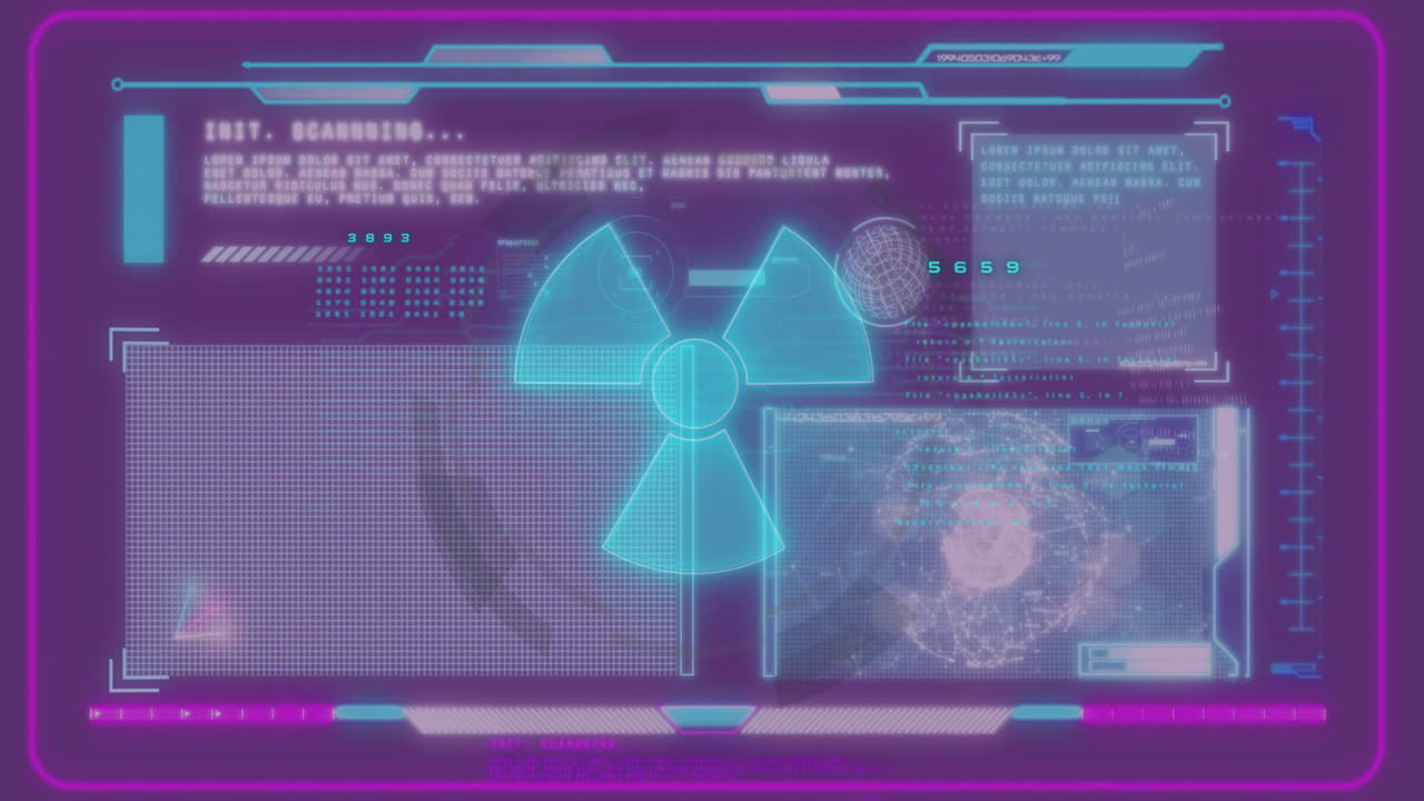 animación de pantallas con procesamiento de datos digitales sobre un fondo púrpura