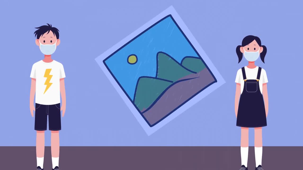 사회적 거리를 유지하는 얼굴 마스크를 입은 소년과 소녀의 애니메이션