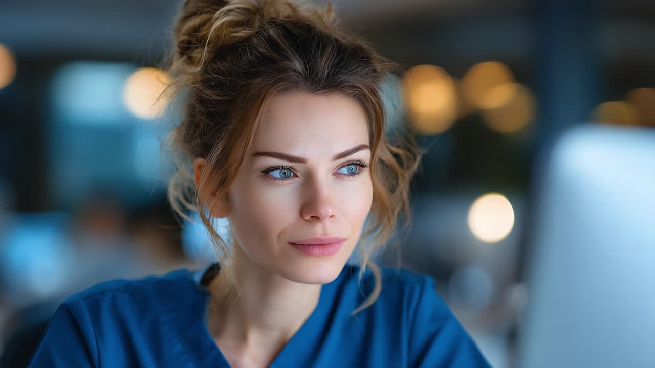 Focused healthcare professional deeply engaged in work, embodying dedication and commitment, surrounded by a modern medical environment bursting with soft lighting and thoughtful ambiance