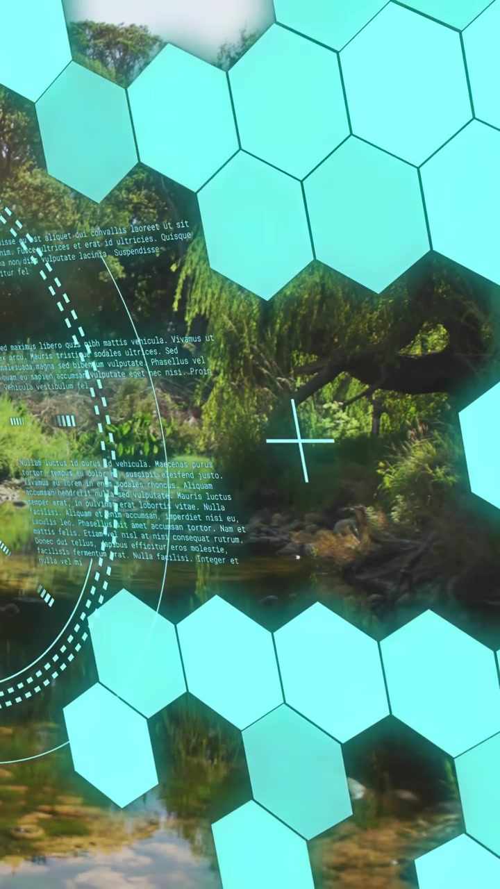 Vertical video: Turquoise hex grid and HUD shifting after scan, revealing stream rocks and willow