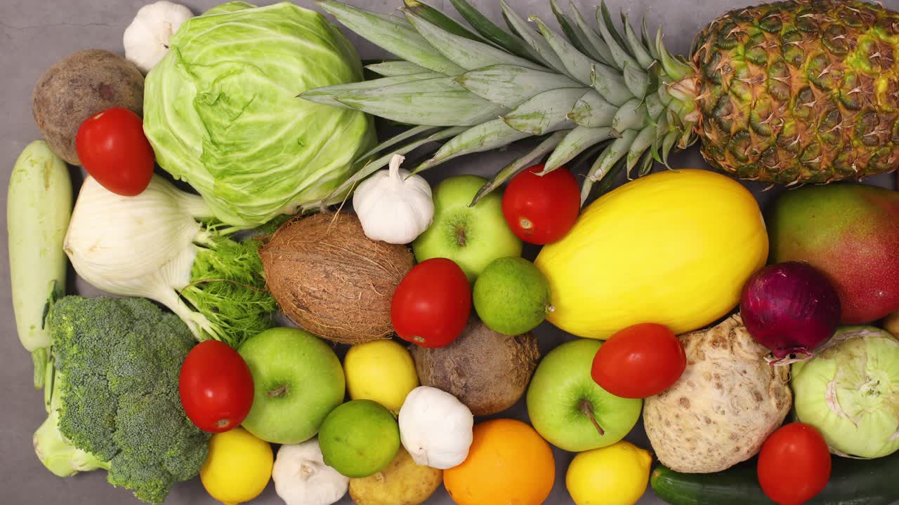 신선하고 익은 유기농 과일과 채소가 주방 테이블에 주문됩니다.