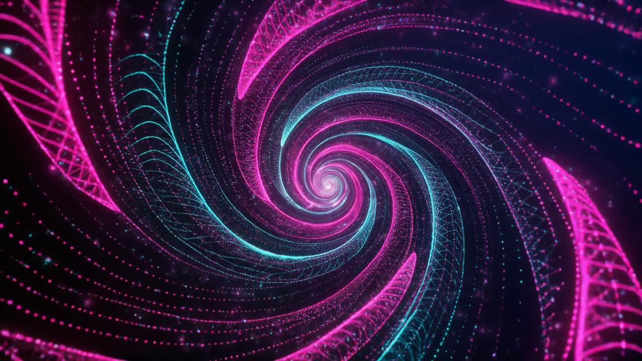 Tunnel a Spirale Neon Rotante di Particelle Rosa e Blu.