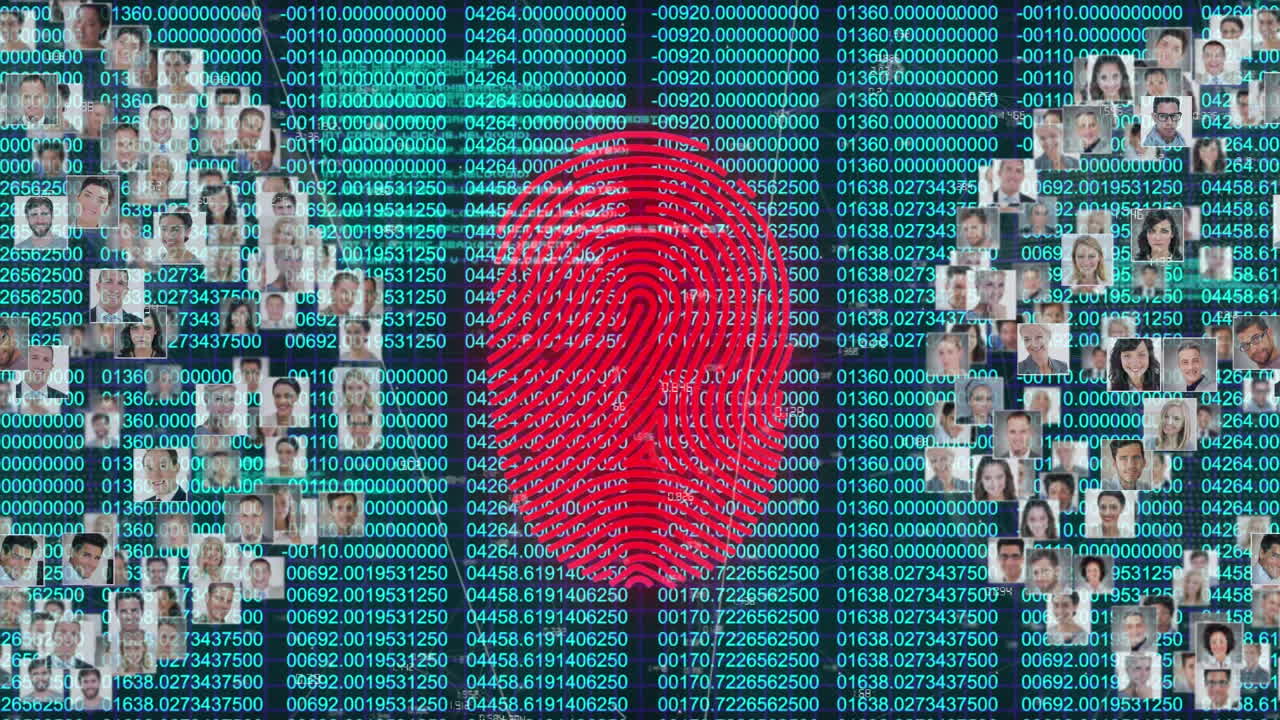 dos globos de iconos de perfil girando contra el escáner de huellas dactilares