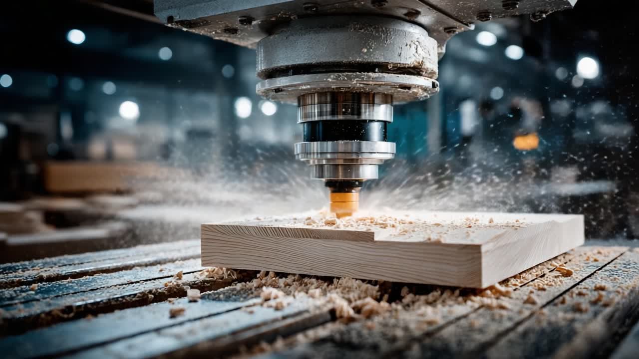 Precision Woodworking: A Close-Up View of a CNC Router Engaging in Detailed Wood Carving, Capturing the Intricacies of Modern Manufacturing Techniques